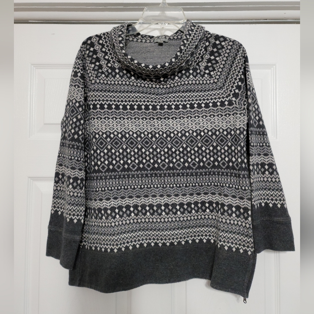 T by Talbots Side Zip Sweater 100% Cotton Fair Isle Jacquard Cowl Neck Medium